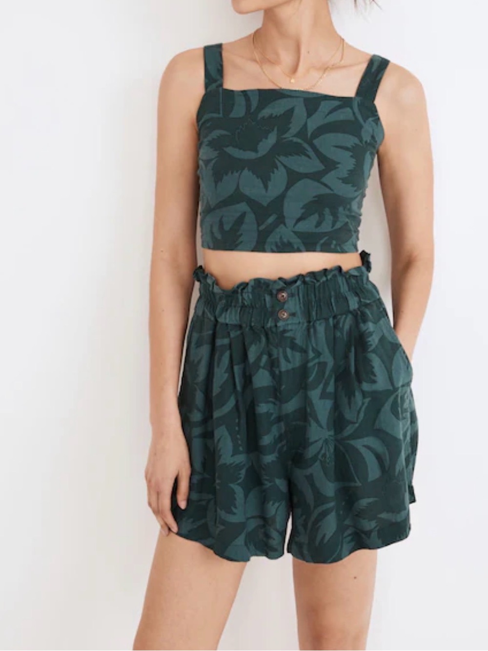 Madewell Dark Green Floral Paperbag Waist Shorts